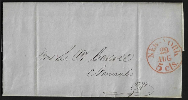 US 1846 NEW YORK 29 AUG 5cts IN RED ON FOLDED LETTER TO CT