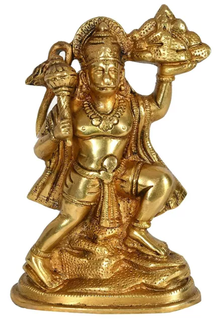 Brass Lord Hanuman with Sanjeevani Mountain Parvat Idol Statue Figurine 6.5"