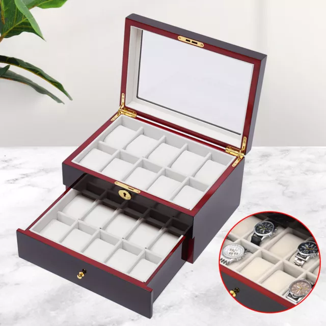 20 Slot, Jewelry Watch Storage Case Cabinet Wooden Drawer Box Display Organizer