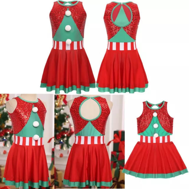 Kids Girl's Dresses Festival Outwear Cutout Xmas Dress Show Dancewear Pompom