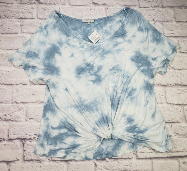 Love Tree Blue White Tie Dye Short Sleeve Scoop Neck Knot Front T-Shirt Size S