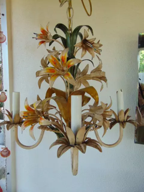 vintage ITALIAN TOLE METAL CHANDELIER HANGING LAMP 4 arm 15" tall tiger lilies