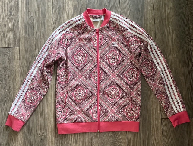 Adidas Pink Geometric White Logo Long Sleeve Cotton Blend Girls Zip Up Jacket XL