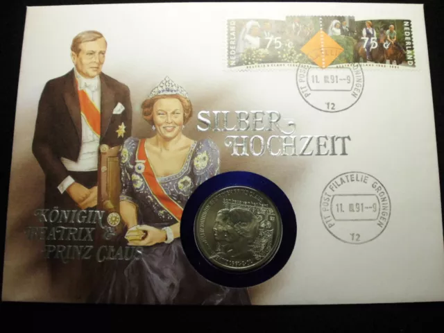 Numisbrief Niederlande Silberhochzeit 1991 2,5 ECU Münze Sammlung Lot