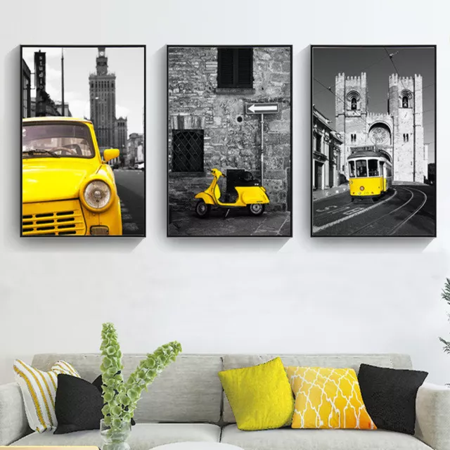 Black White Art Poster Yellow Car Street View Prints Canvas Home Wall Decor Gift