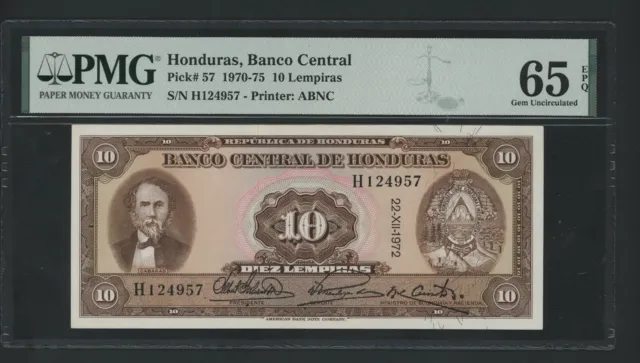 Honduras  10  Lempiras  1972   Pick # 57 Pmg 65  Gem Unc Epq.