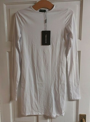 Pretty Little Thing  Long Sleeve Thumb Hole Bodycon Mini Dress White Size Uk 6