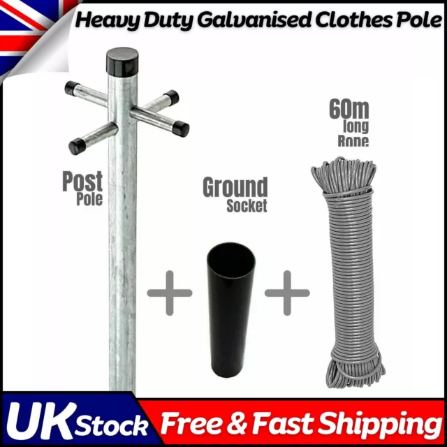 Heavy Duty Galvanised Clothes Pole Ground Socket & 60m Nylon Washing Line UK
