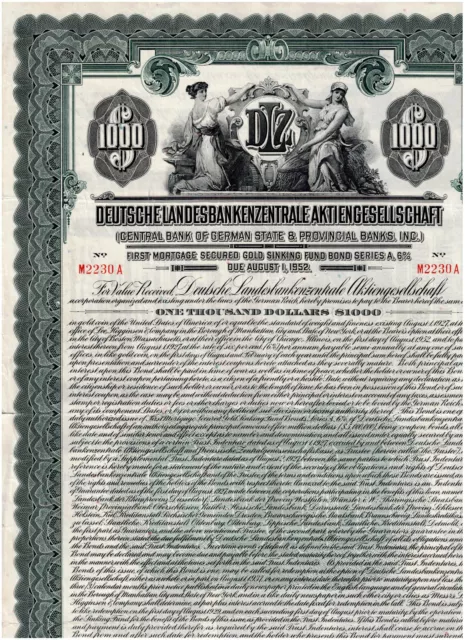 Deutsche Landesbankenzentrale AG  DLZ, 1927, $1000 Gold Bond, gelocht/ Kupons,