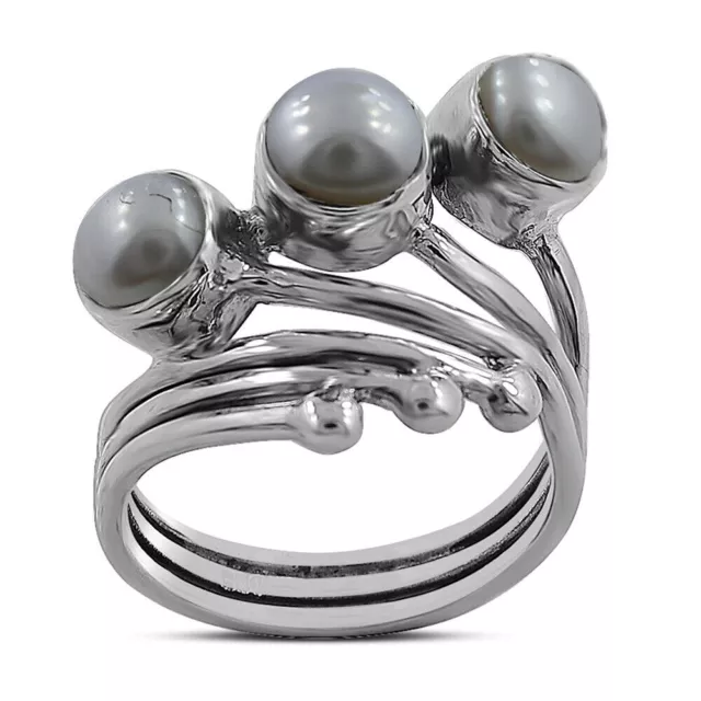 Genuine Pearl Three Stone Victorian Ring 925 Sterling Silver Handmade Jewelry