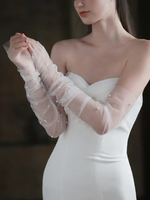 Womens Long White Fingerless Tulle Bridal Gloves With Pearls Long Cuffs