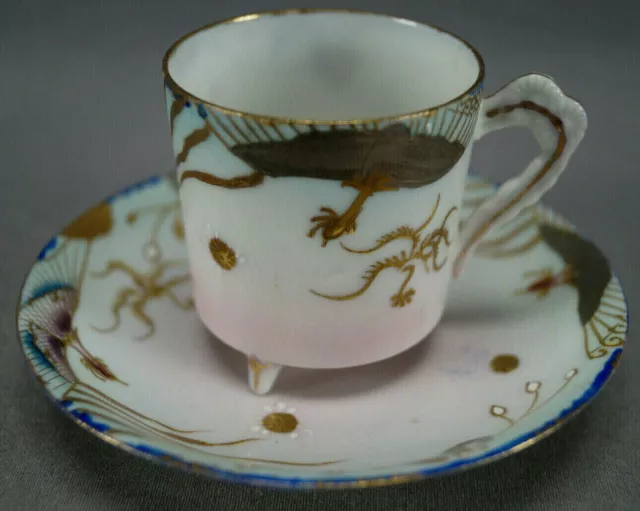 Antique Japanese Aesthetic Gold & Platinum Phoenix Bird Demitasse Cup & Saucer