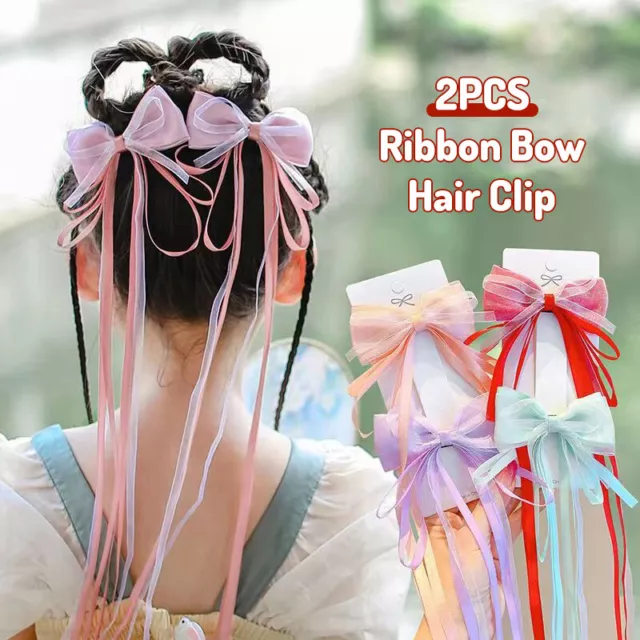 2 Pcs Girls Women Tassel Ribbon Bow Hair Clip Set Bow Headwear Access