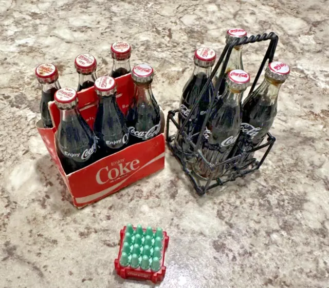 Lot of Vintage Coca Cola Mini Collectible Bottles with Carriers & Caps