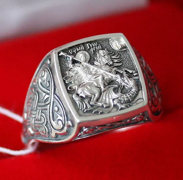 Saint George Warrior & Dragon Russian Orthodox Prayer Ring Sterling Silver 925.