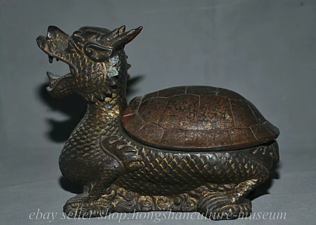 8" Old Rare Old Chinese Copper Wealth Dragon Turtle Statue Incense Burner Box
