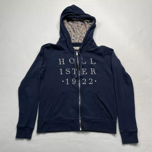 HOLLISTER Graphic Zip Up Blue Hoodie Sweatshirt Fleece Lined Hood Womens Sz L