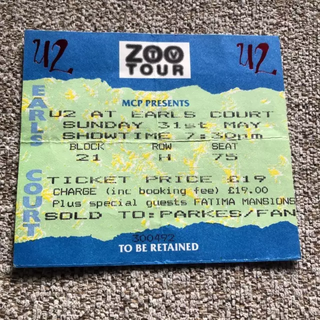 U2 Ticket Earls Court 31/05/92 #H75 Zoo TV  tour