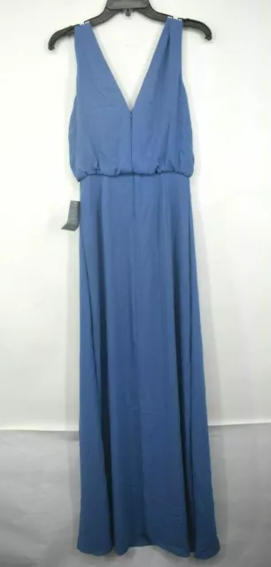 WAYF Womens Blue V-Neck Sleeveless Side Slit The Bella Blouson Column Gown 2