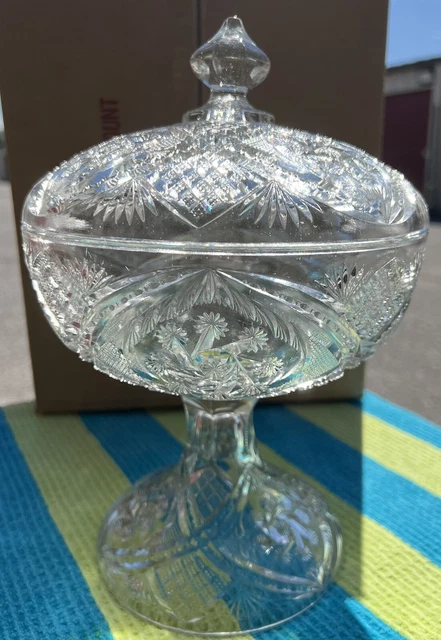 Vintage Lidded Compote Starburst Flower Clear Glass Candy Dish