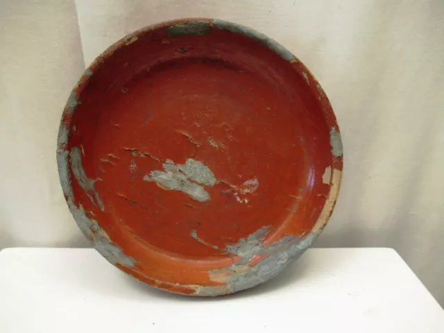 Ancien Birman en Laque Plateau Rond Rouge Bois Rare Old " 11 4