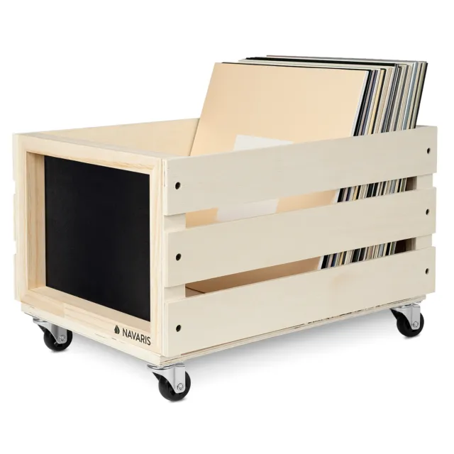 Navaris Caja para discos de vinilo de madera con 4x rueda 1x pizarra y 1x tiza