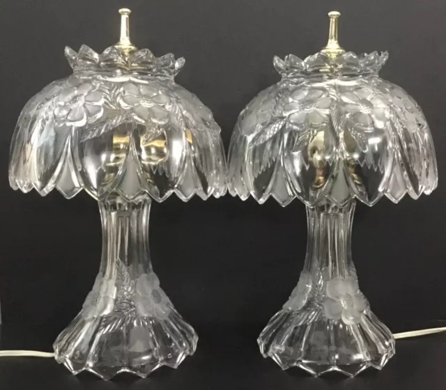 Vintage Crystal Cut Glass Pair~2~Boudoir Table Lamps~Mushroom~Globe~13” tall