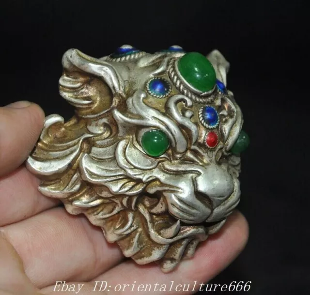 old China Tibetan silver inlay gem Tiger head statue Amulet periapt necklace 3