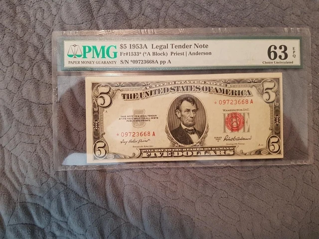 1953A $5 Legal Tender STAR note. PMG 63EPQ