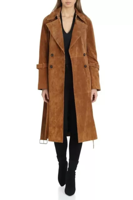 Brown Suede Leather Long Coat Women Pure Goatskin Biker Trench Coat S M L XL-369