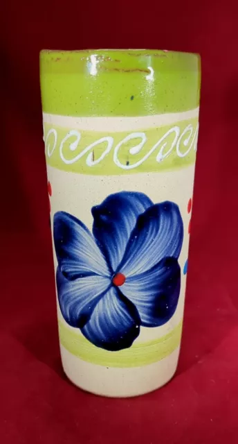 Mexican Folk art Clay Pottery Hand Painted Tropical Flower Themed 7" Tall Vase