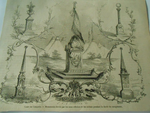 Gravure 1865 - Camp de chalons Monuments élevées pous les ous officier soldats