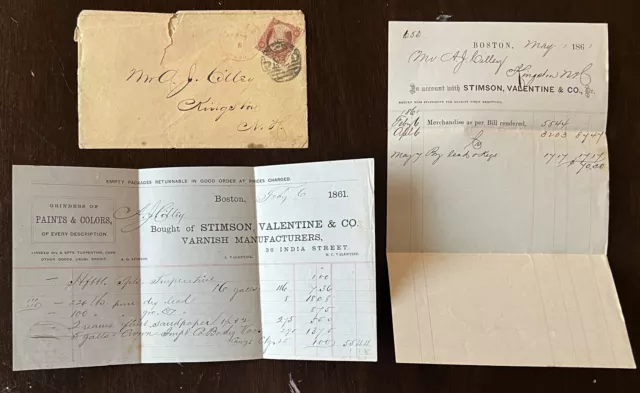 Rare 1861 Boston "Paid" Cover Red Cancel With Painting Billing Invoices
