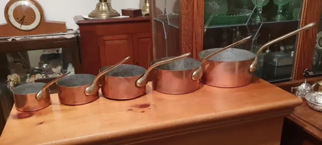 Graduated Set of 5 Vintage Copper Tin Lined French Style Saucepans