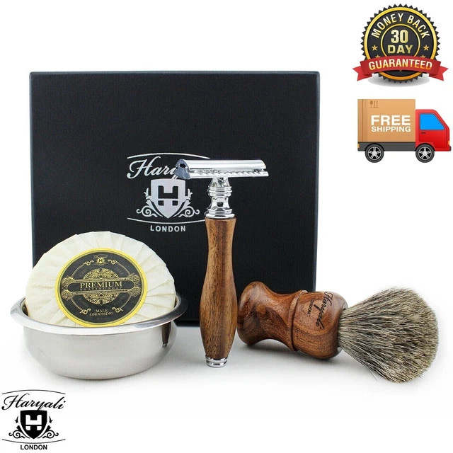 Wet Shaving Set 4-Piece Pure Badger Brush DE Razor Soap & Bowl Modern Luxury