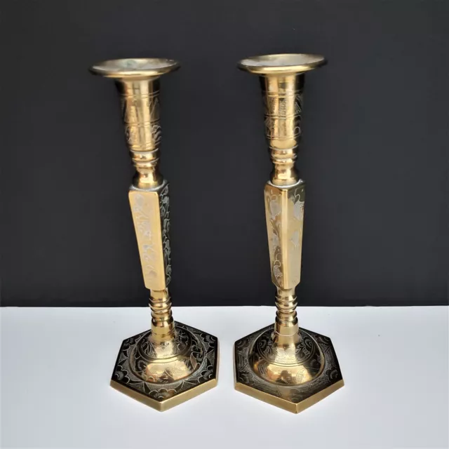Vintage two engraved Brass Candlesticks Taper Candle Holders. FREE SHIPPING