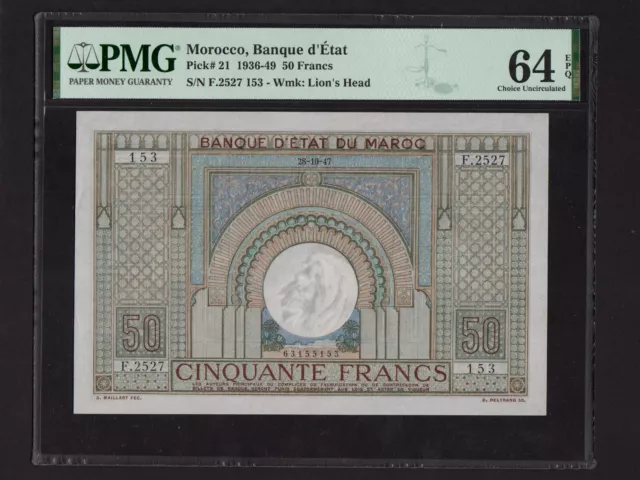 Morocco:P-21, 50 Francs, 1947 * Gate * PMG Ch. UNC 64 EPQ *