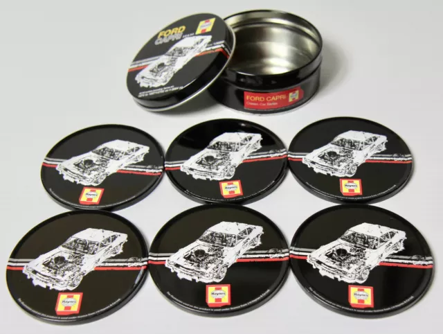 Official Haynes Ford Capri Gift Box Tin 6 Coaster Set Metal Cork Backed 1974-87