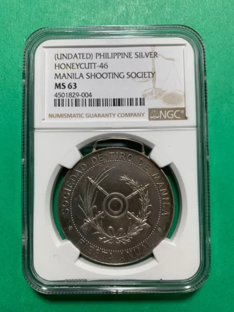 Philippines (Nd) Manila Shooting Society Medal Silver H-46 Ngc Ms 63 Rare Top