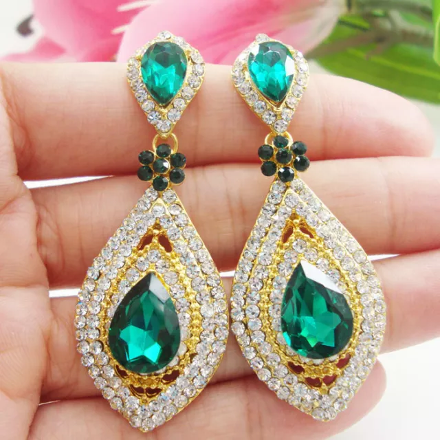 Art Style Vintage Flower Tear Drop Dangle Earrings Green Austrian Crystal