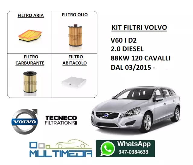 Kit Tagliando Filtri Volvo V60 I D2 2.0 Diesel 88Kw 120 Cavalli
