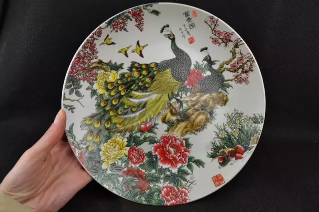 Collectible Chinese Jingdezhen Porcelain Hand-painted Peacock & Flower Plate