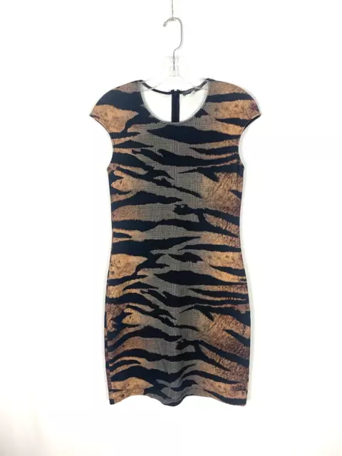 Alexander McQueen Women Dress Large McQ Brown Tiger Print Bodycon Dress Cap Slee