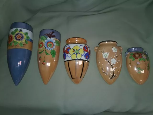 5 - Ceramic Wall Pockets Japan Luster Hand Painted Flowers Vines Branches Vases