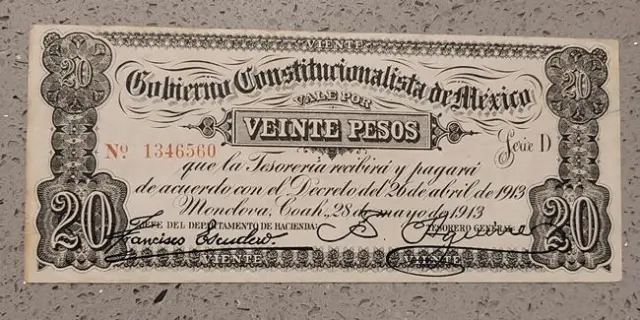 Veinte Pesos 1913 Gobierno Constitucionalista de Mexico Unc Series D