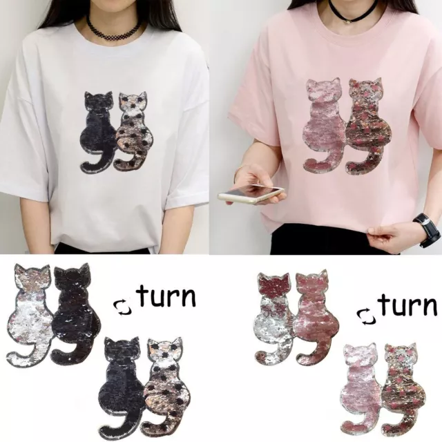 Hot Sewing Coat Jeans Sequins Cat Patch Reversible Color Applique DIY Clothes