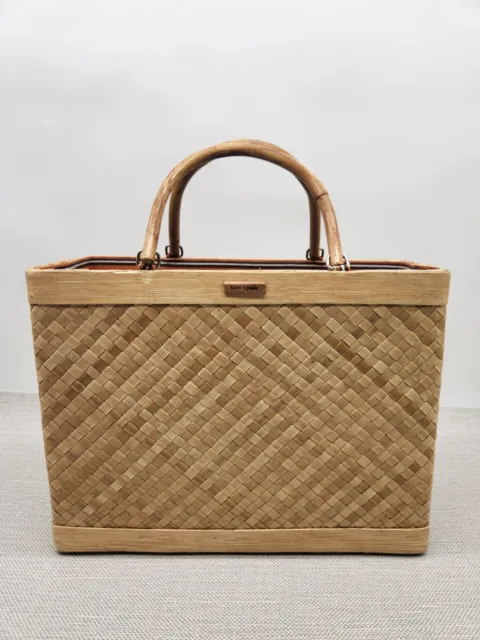 Kate Spade New York Weaved Straw  Handbag Tan Bamboo Handles Tropical Boho RARE
