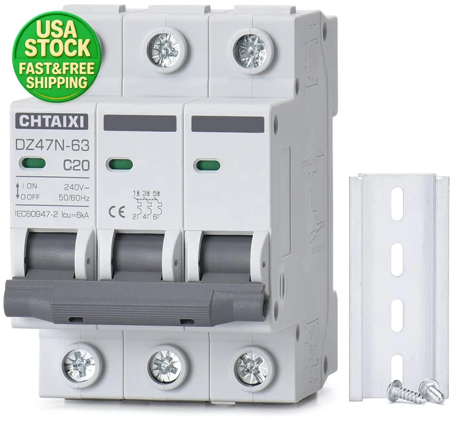 20A 3 Pole AC Miniature Circuit Breaker 240V DIN Rail MCB C20 Switch 20A 3 Pole AC Miniature Circuit Breaker 240V DIN Rail MCB C20 Switch