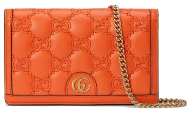 New Gucci Orange Gg Matelasse Signature Leather Chain Wallet Clutch Bag W/Box