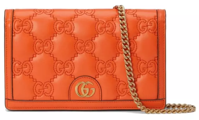 New Gucci Orange Gg Matelasse Signature Leather Chain Wallet Clutch Bag W/Box New Gucci Orange Gg Matelasse Signature Leather Chain Wallet Clutch Bag W/Box